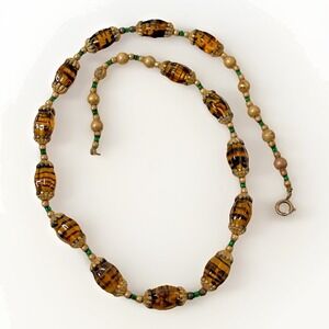 Vintage Glass Beaded Necklace Amber Brown Art Glass Brass Tone 18 Inch